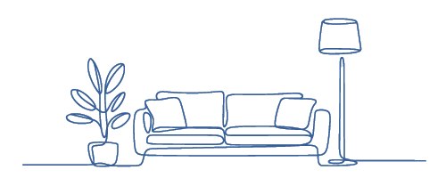 line drawing of couch, plant and lamp